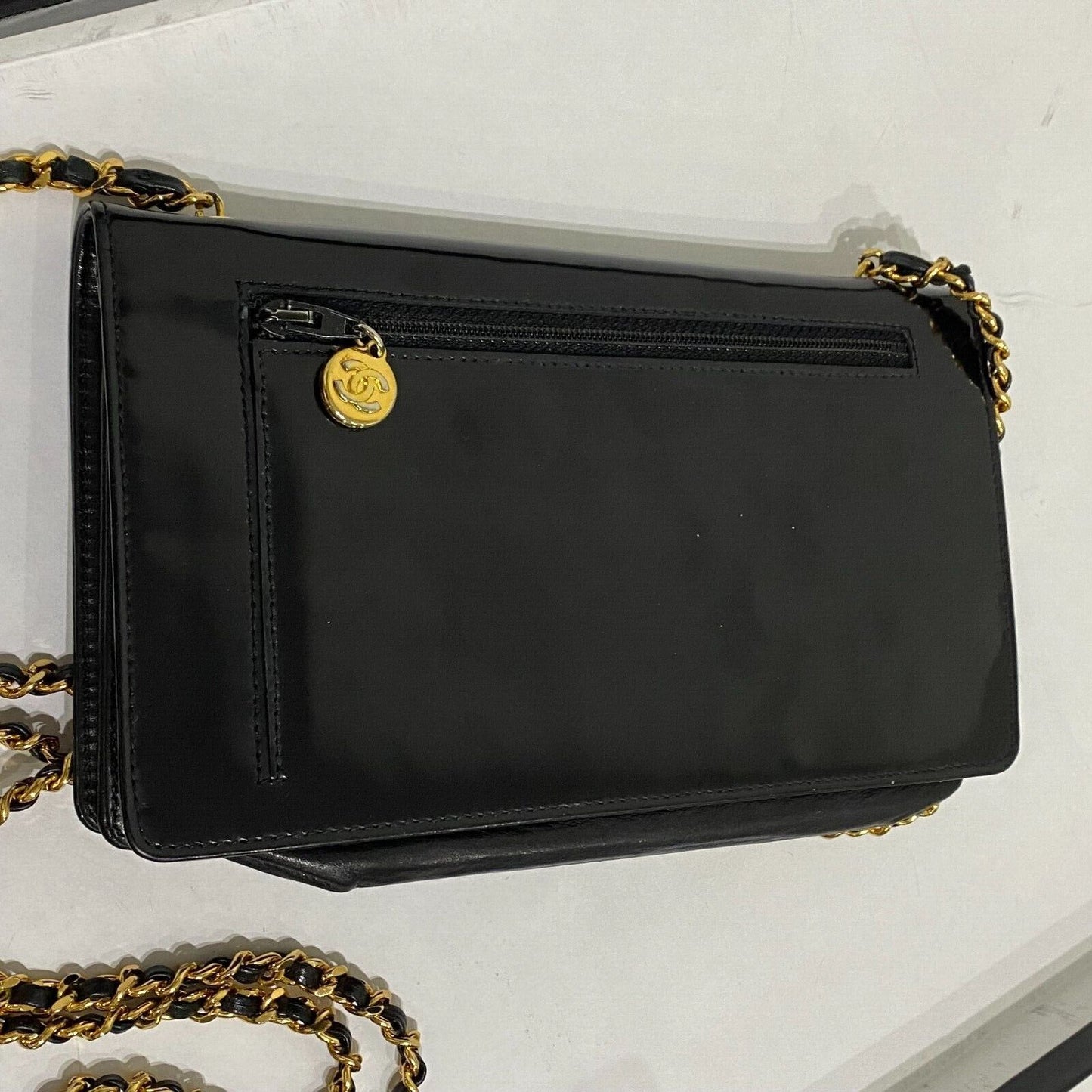 Chanel   Black Patent Leather CC Logo Wallet On Chain WOC Bag
