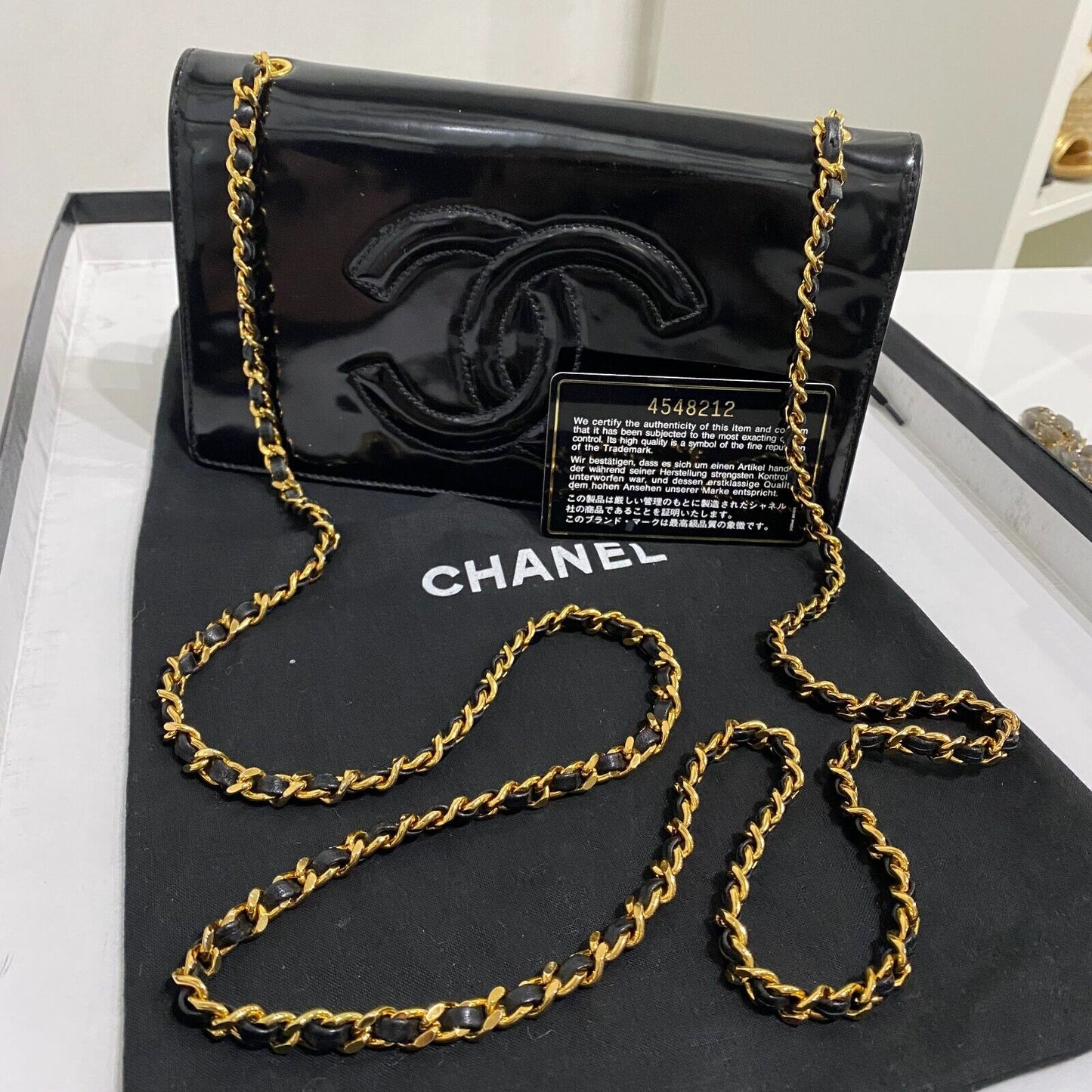Chanel   Black Patent Leather CC Logo Wallet On Chain WOC Bag