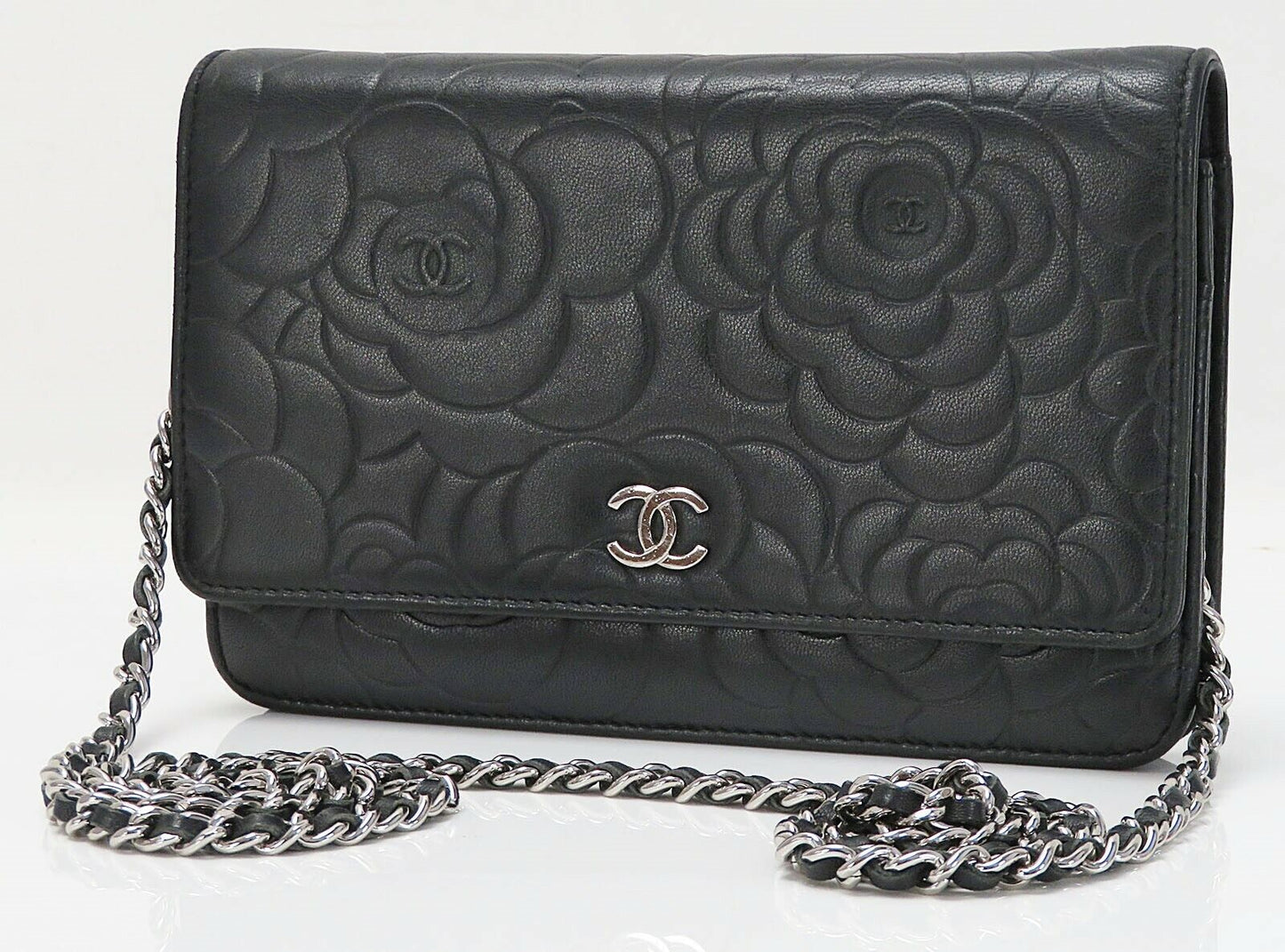 CHANEL Black Camellia Pattern Leather Wallet on Chain Bag WOC
