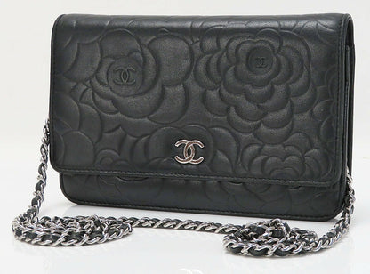 CHANEL Black Camellia Pattern Leather Wallet on Chain Bag WOC