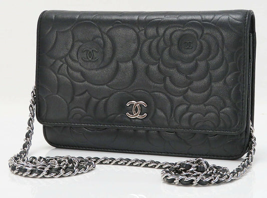 CHANEL Black Camellia Pattern Leather Wallet on Chain Bag WOC