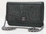 CHANEL Black Camellia Pattern Leather Wallet on Chain Bag WOC