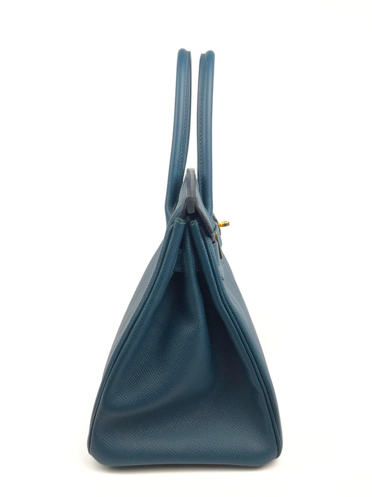 Luxury Hermes 30 cm Blue Colvert Epsom Birkin with Gold Hardware