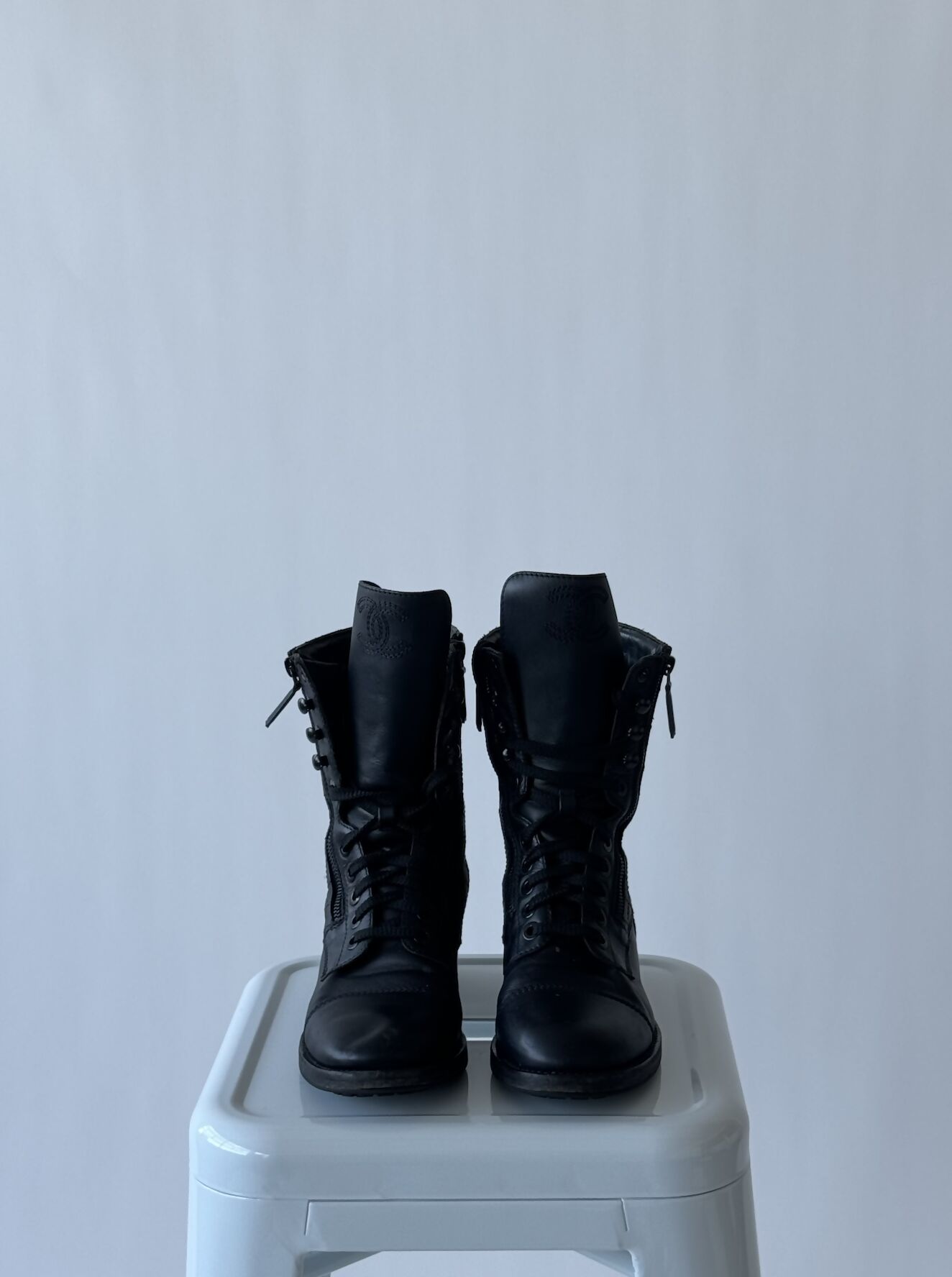 CHANEL Sheepskin Quilted CC Tall Lace Up Combat Boots -
