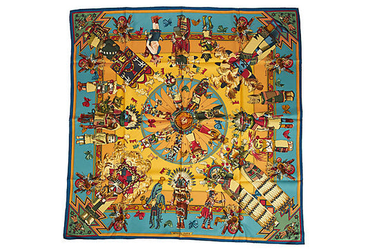 Hermes Blue & Yellow Kachinas Scarf with original box