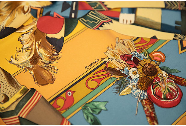 Hermes Blue & Yellow Kachinas Scarf with original box