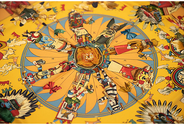 Hermes Blue & Yellow Kachinas Scarf with original box
