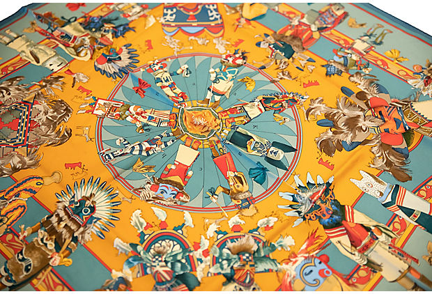 Hermes Teal & Orange Silk Kachinas Scarf