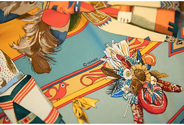 Hermes Teal & Orange Silk Kachinas Scarf