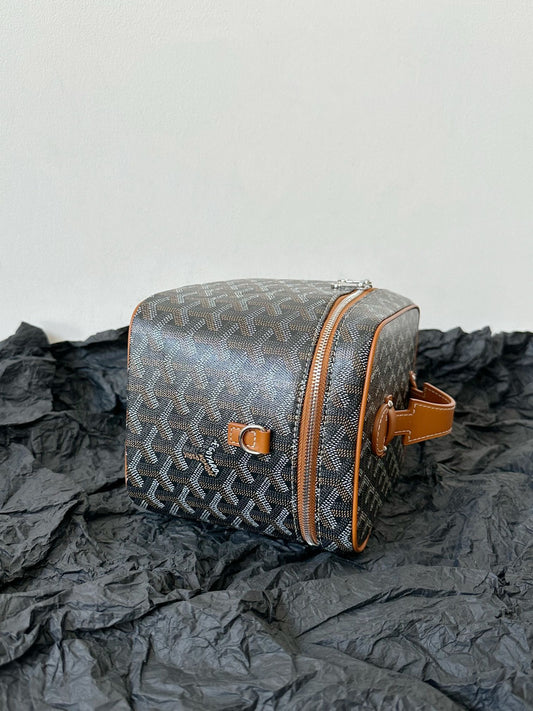 GOYA MAKEUP BOX BAG 20CM BLACK AND TAN CANVAS Amelia