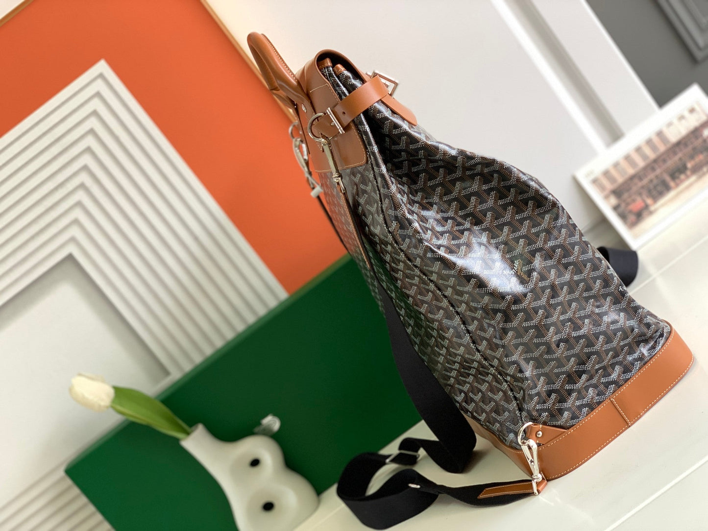 GOYA STEAMER PM BAG 48CM BLACK AND TAN CANVAS Amelia