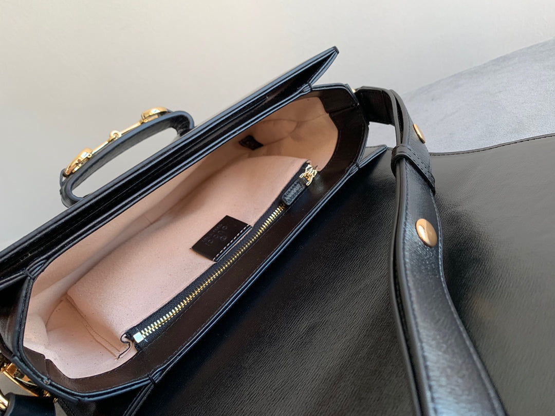GG 1955 Horsebit Bag 25cm Black Calfskin Gold Hardware Amelia