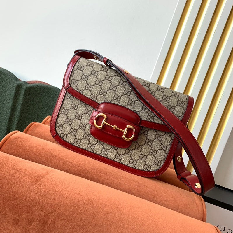 GG 1955 Horsebit Bag 25cm Red Leather Beige Canvas Gold Hardware Amelia
