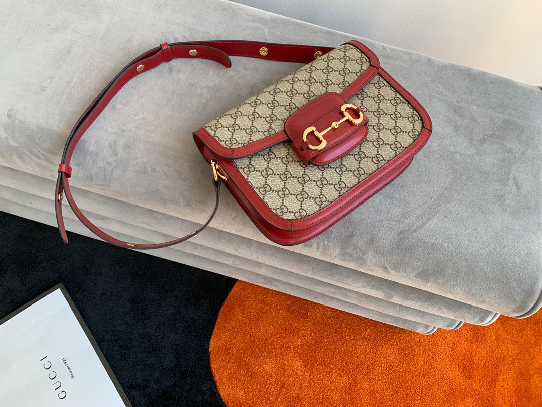 GG 1955 Horsebit Bag 25cm Red Leather Beige Canvas Gold Hardware Amelia Amelia