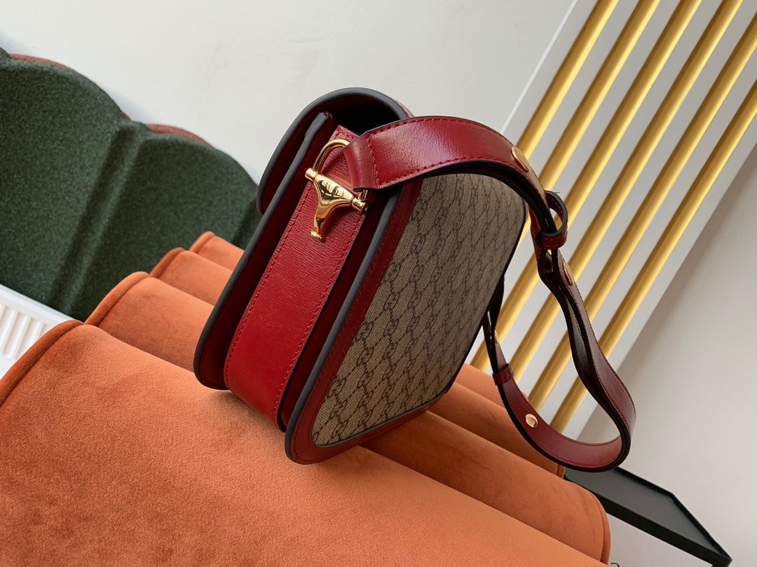 GG 1955 Horsebit Bag 25cm Red Leather Beige Canvas Gold Hardware Amelia