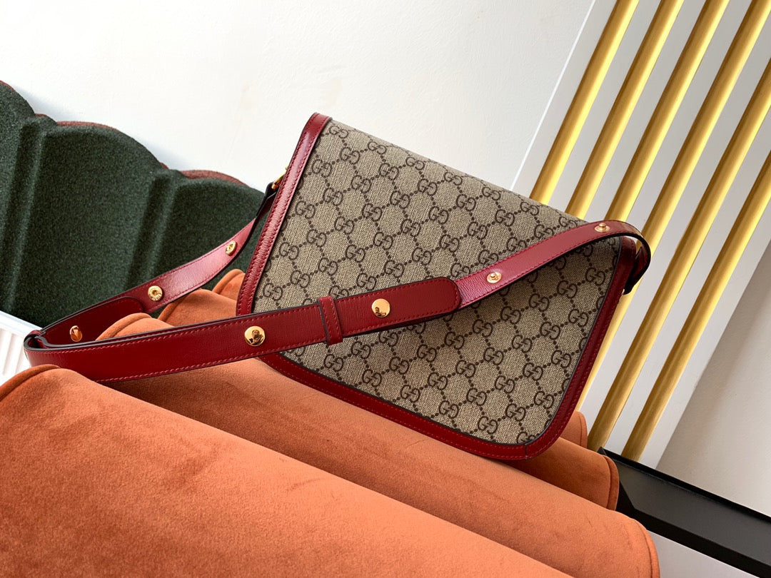 GG 1955 Horsebit Bag 25cm Red Leather Beige Canvas Gold Hardware Amelia