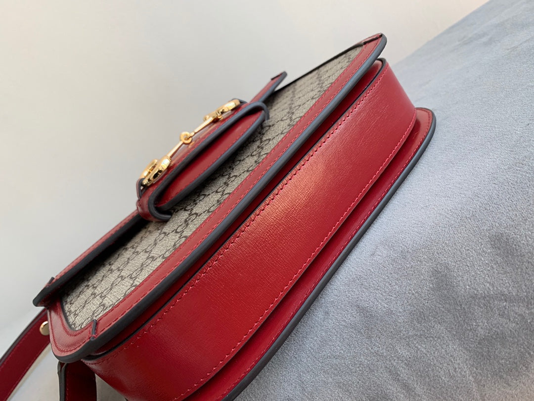 GG 1955 Horsebit Bag 25cm Red Leather Beige Canvas Gold Hardware Amelia