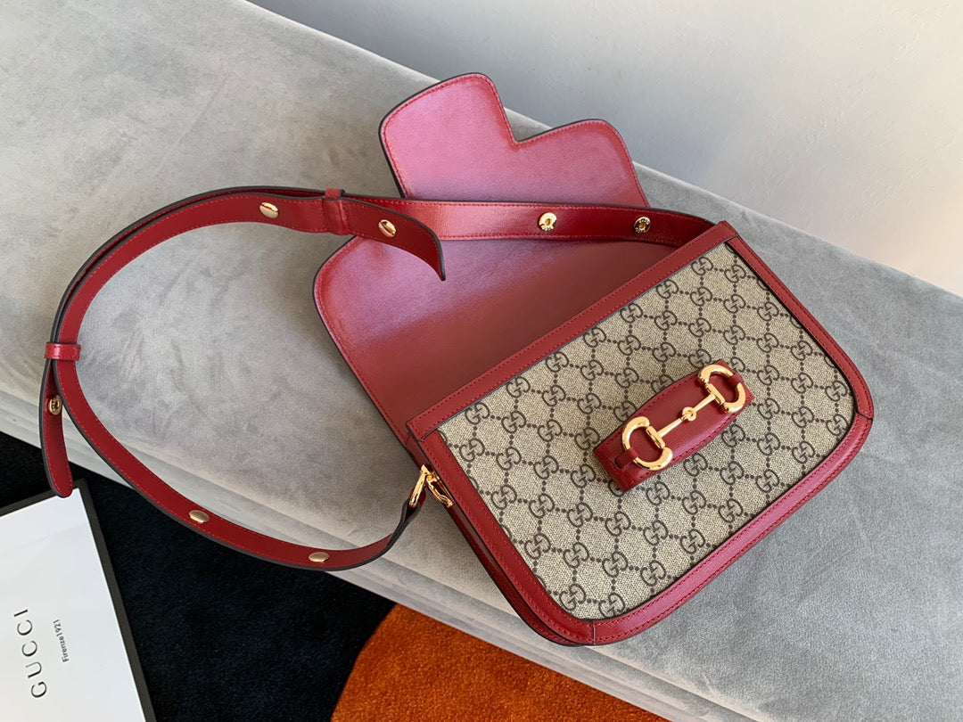 GG 1955 Horsebit Bag 25cm Red Leather Beige Canvas Gold Hardware Amelia Amelia
