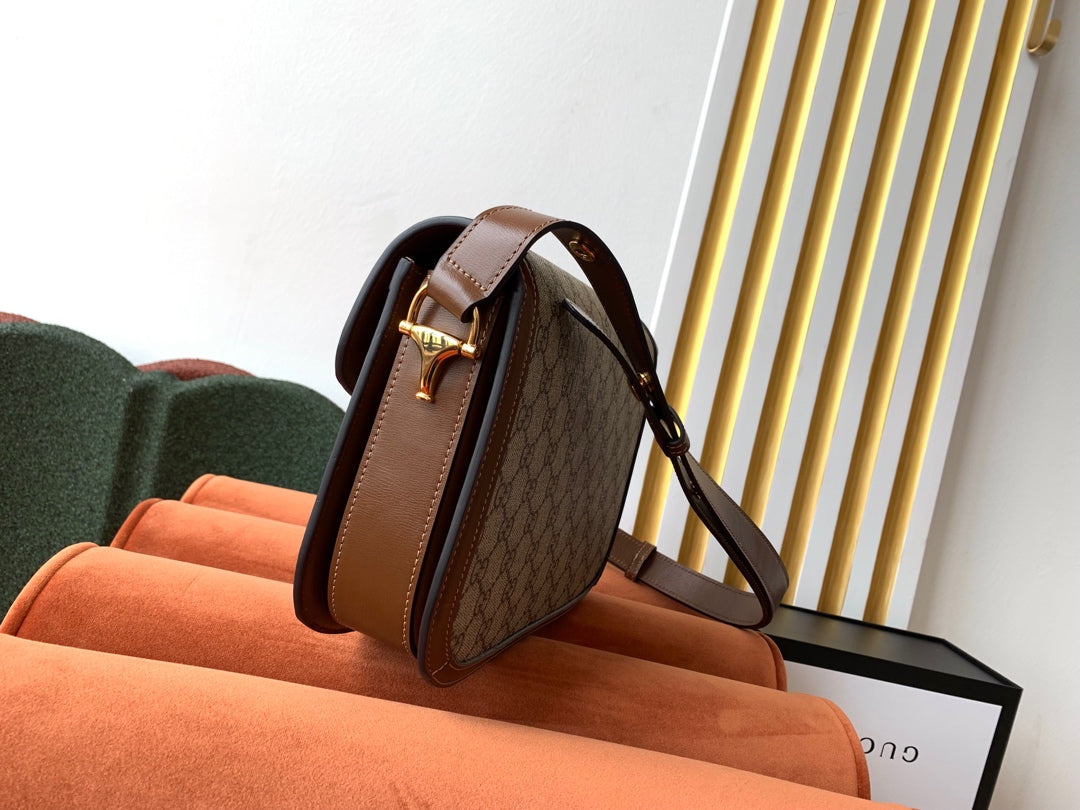 GG 1955 Horsebit Bag 25cm Brown Leather Beige Canvas Gold Hardware Amelia Amelia
