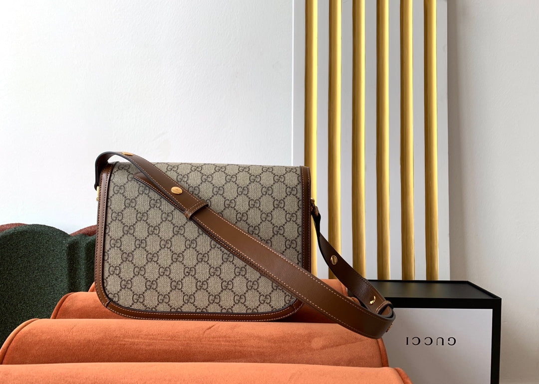 GG 1955 Horsebit Bag 25cm Brown Leather Beige Canvas Gold Hardware Amelia Amelia