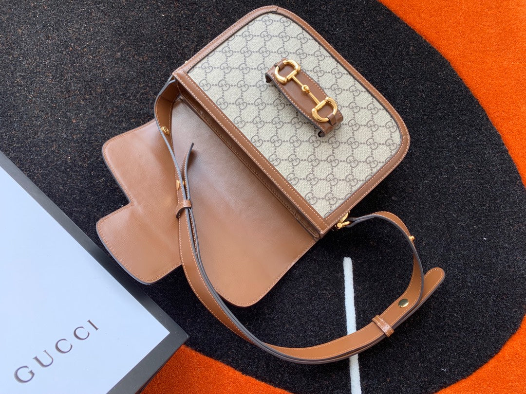 GG 1955 Horsebit Bag 25cm Brown Leather Beige Canvas Gold Hardware Amelia Amelia