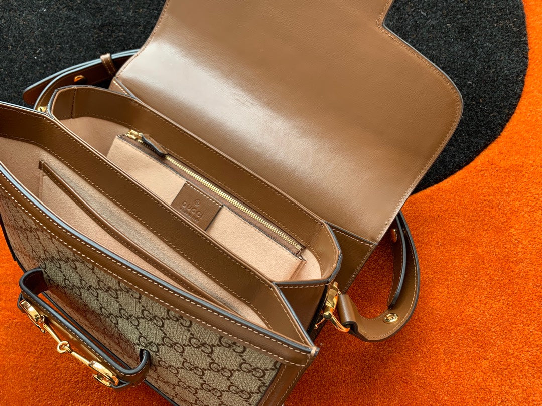 GG 1955 Horsebit Bag 25cm Brown Leather Beige Canvas Gold Hardware Amelia