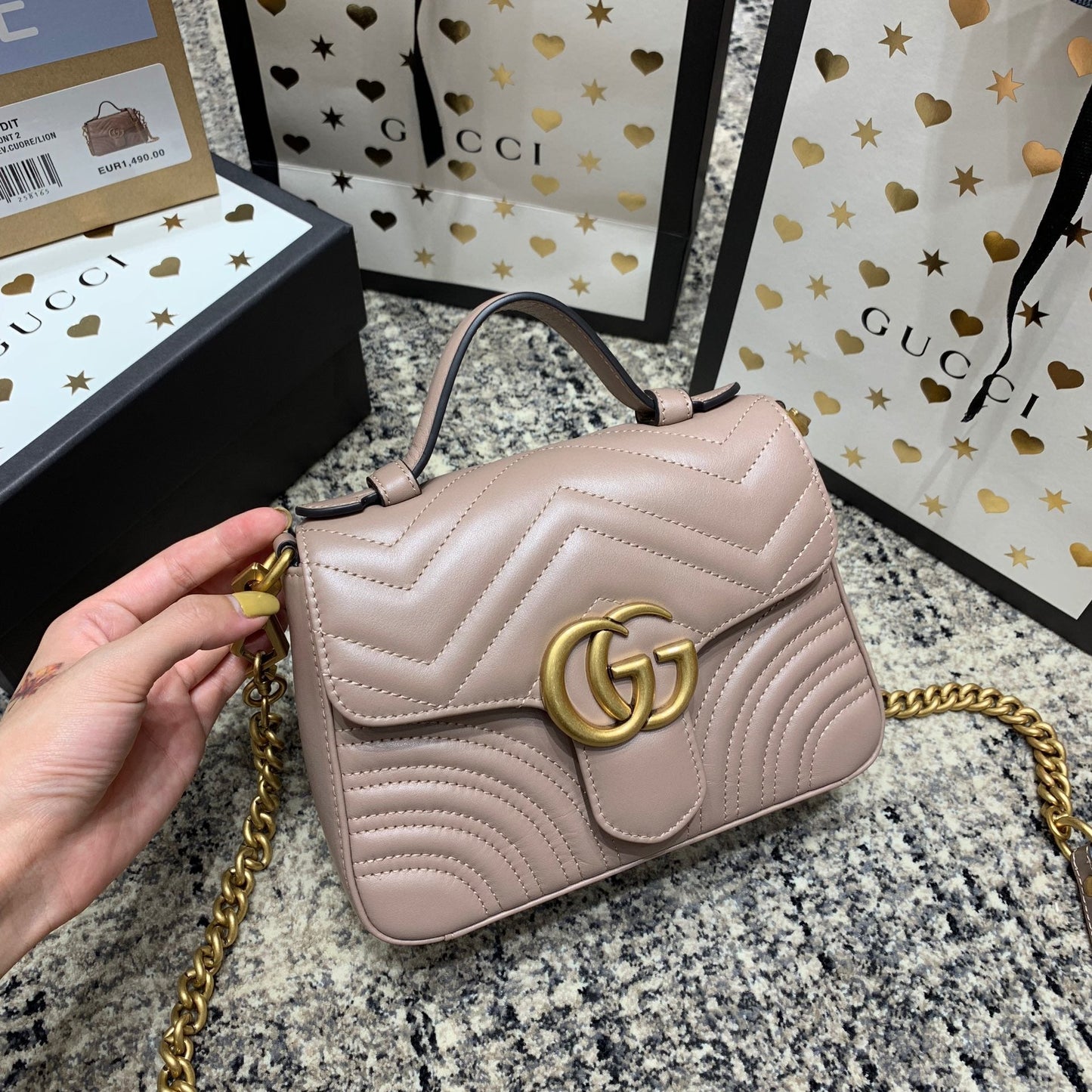 GG Marmont 21cm Mini Top Dark Beige Calfskin Gold Hardware Amelia Amelia