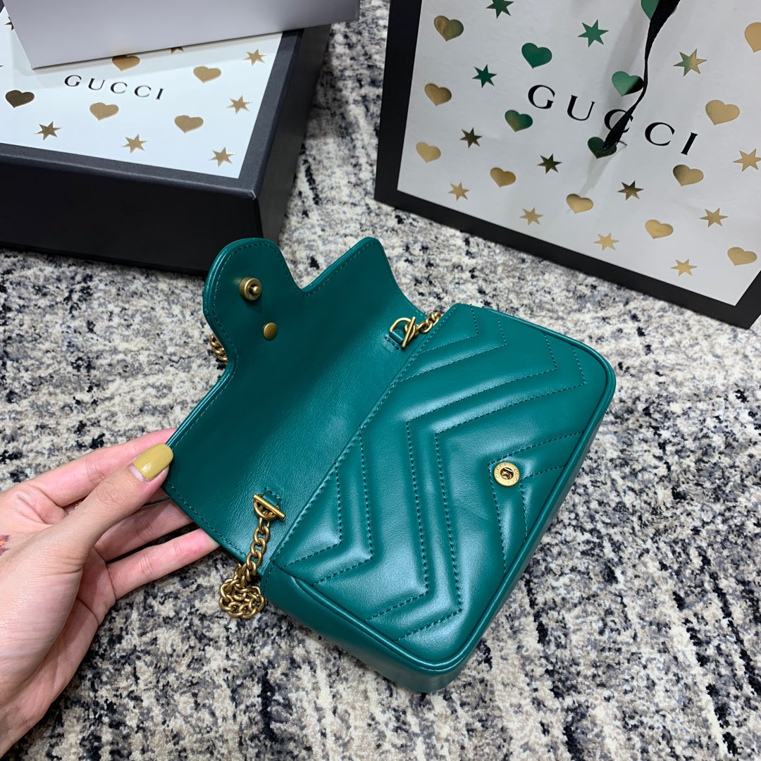 GG Marmont Mini 16.5cm Turquoise Calfskin Gold Hardware Amelia