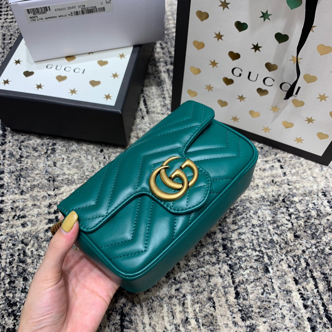 GG Marmont Mini 16.5cm Turquoise Calfskin Gold Hardware Amelia