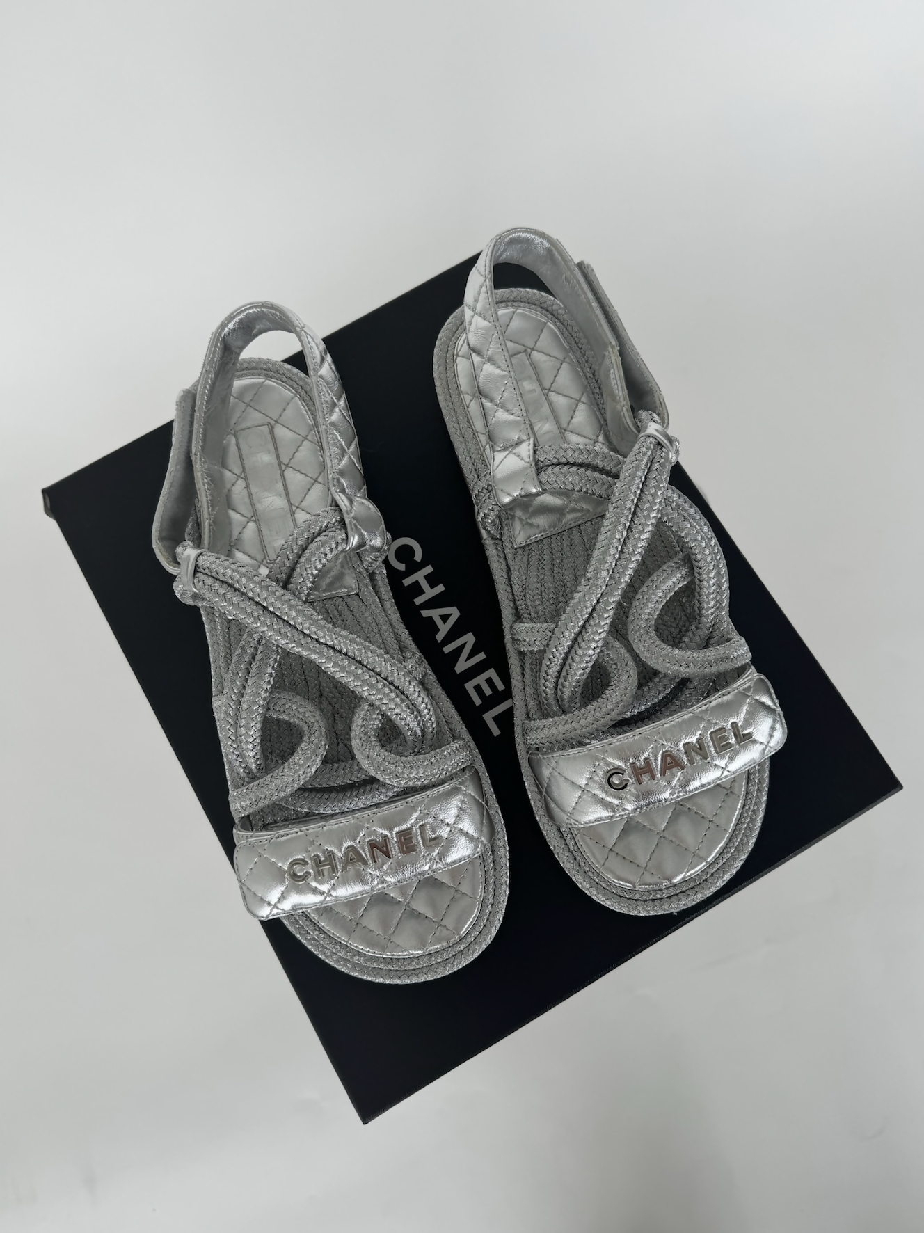 Chanel Metallic Cord Lambskin Quilted Logo Sandals - full set