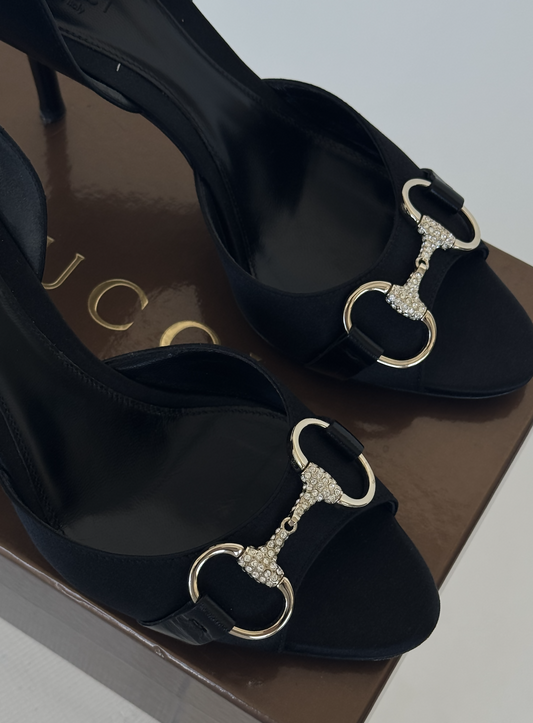 Gucci Black Satin Crystal Horsebit D'Orsay Peep-Toe Pumps - Full Set