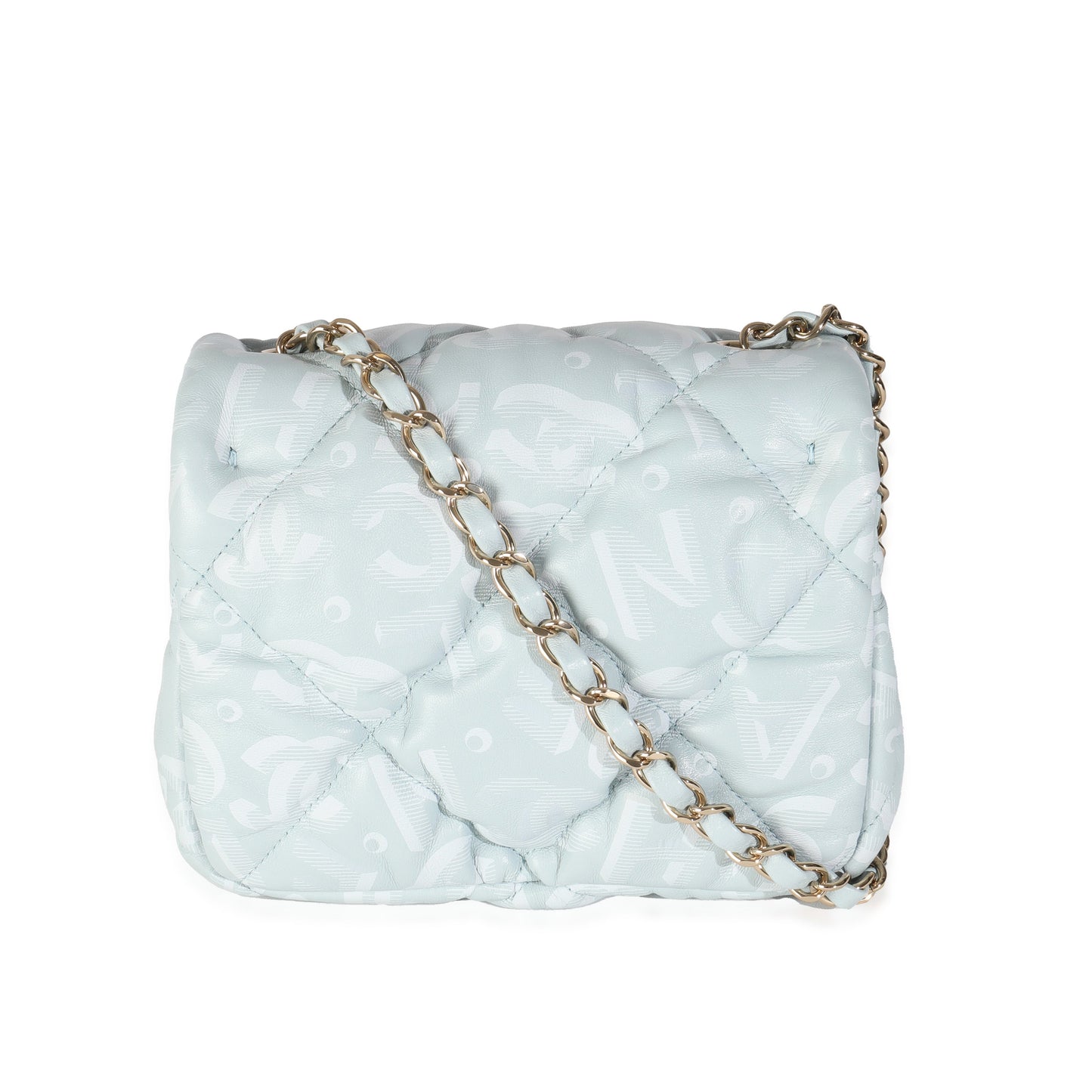 Chanel Light Blue Puffy Lambskin Logo Mini Flap Bag