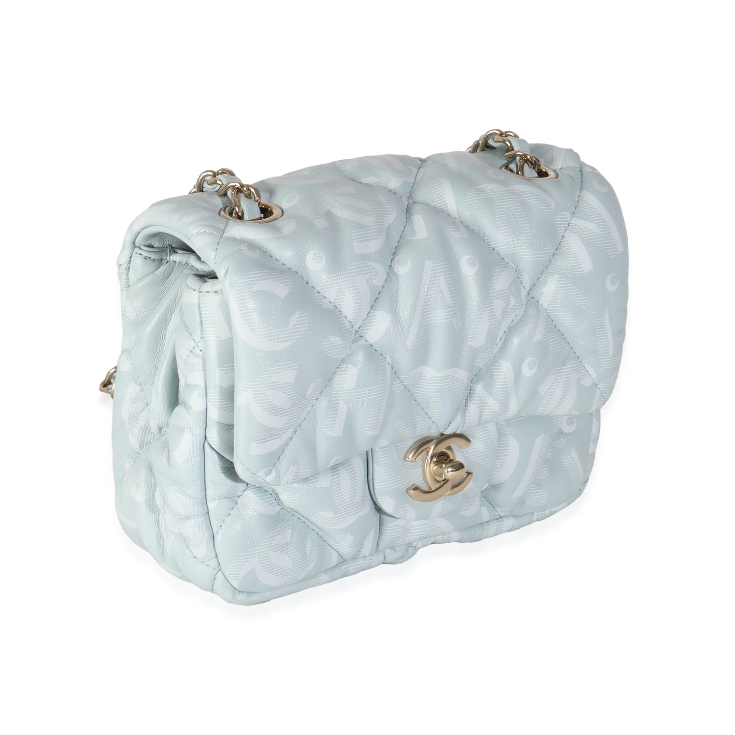 Chanel Light Blue Puffy Lambskin Logo Mini Flap Bag