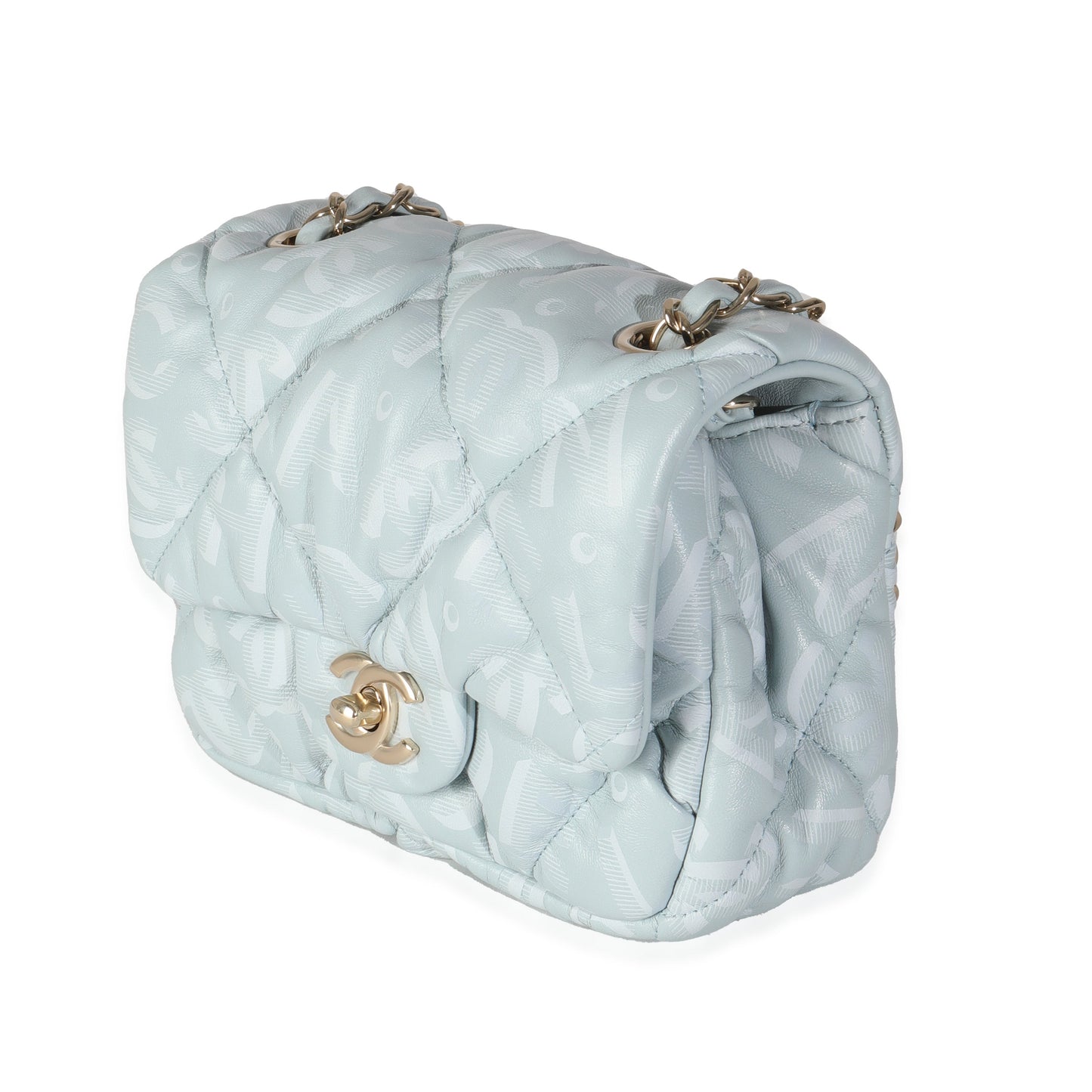Chanel Light Blue Puffy Lambskin Logo Mini Flap Bag