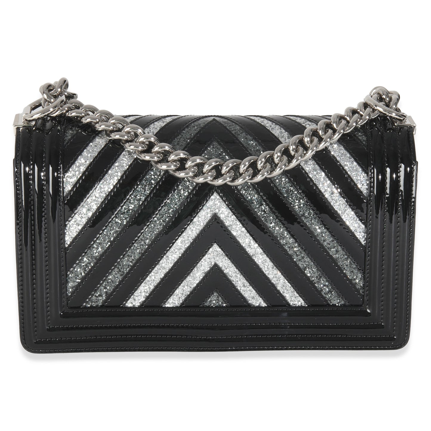 Chanel Black Patent Chevron Glitter PVC Old Medium Boy Bag