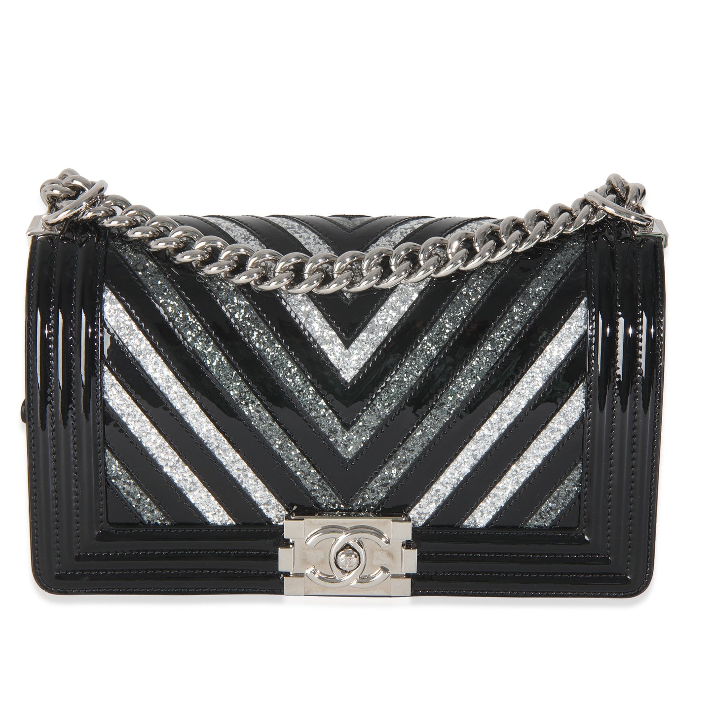 Chanel Black Patent Chevron Glitter PVC Old Medium Boy Bag