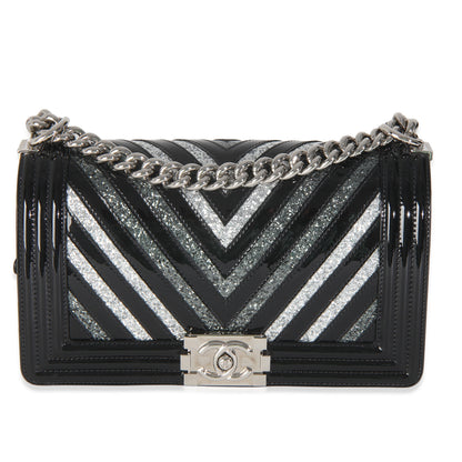 Chanel Black Patent Chevron Glitter PVC Old Medium Boy Bag
