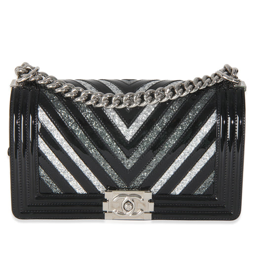 Chanel Black Patent Chevron Glitter PVC Old Medium Boy Bag