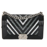 Chanel Black Patent Chevron Glitter PVC Old Medium Boy Bag