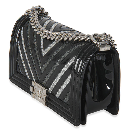 Chanel Black Patent Chevron Glitter PVC Old Medium Boy Bag
