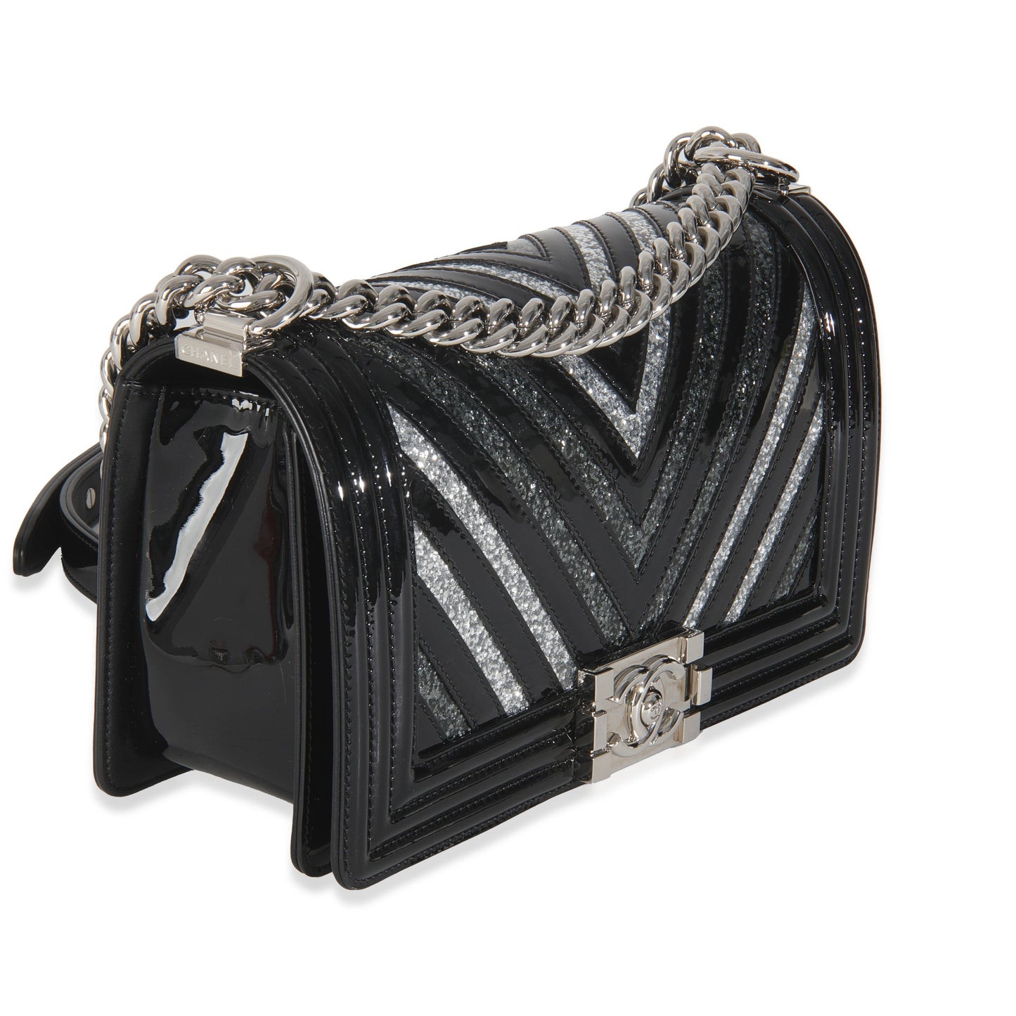 Chanel Black Patent Chevron Glitter PVC Old Medium Boy Bag