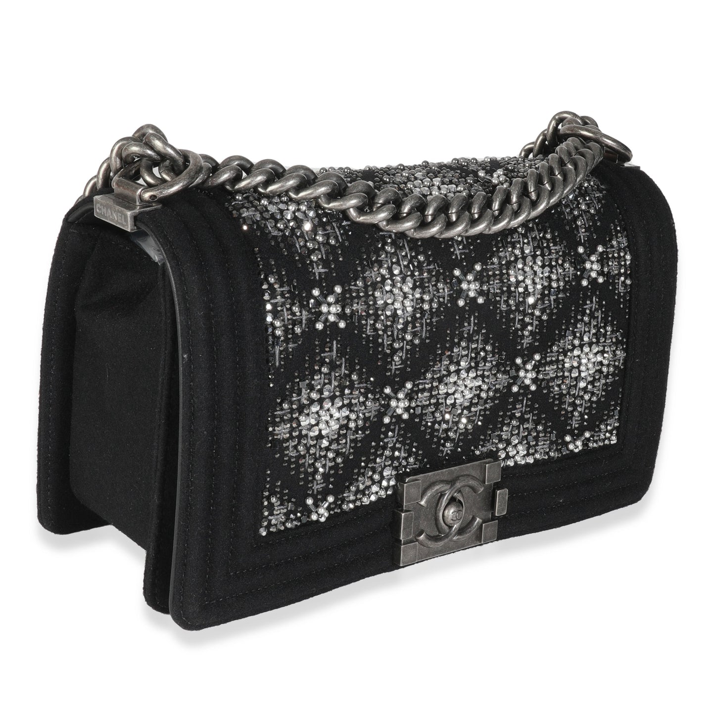 Chanel Black Jersey Strass Old Medium Boy Bag