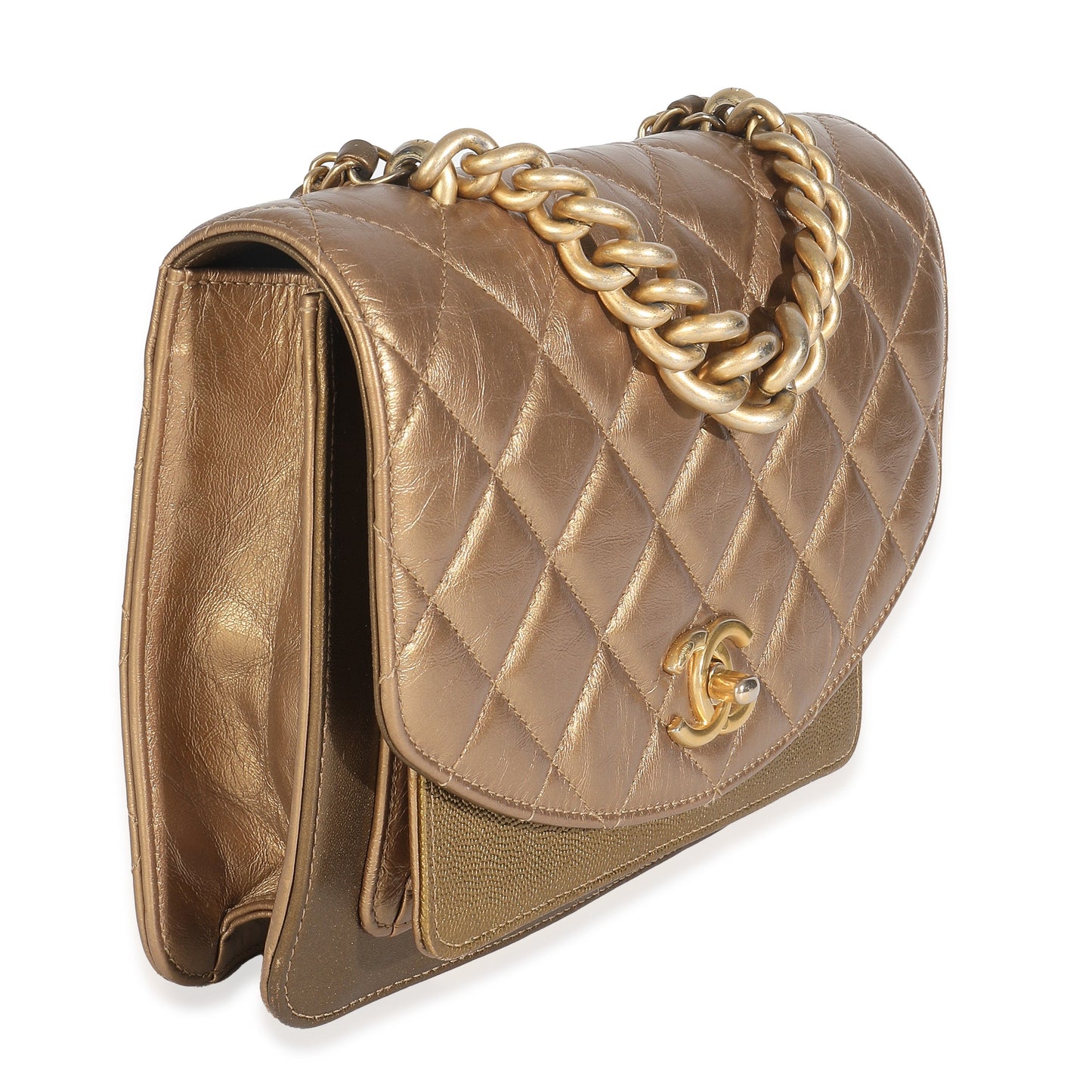 Chanel Bronze Metallic Lambskin Caviar Quilted Chain Handle Flap Handbag