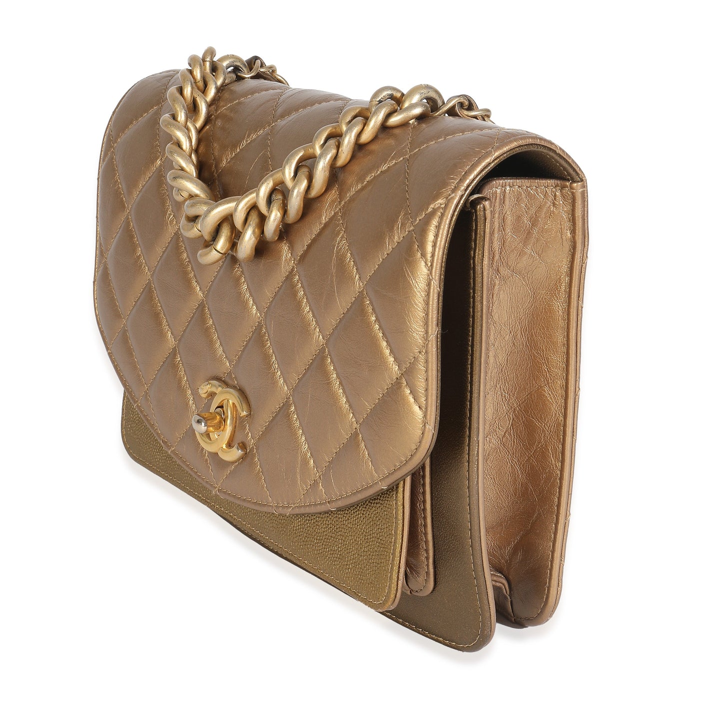 Chanel Bronze Metallic Lambskin Caviar Quilted Chain Handle Flap Handbag
