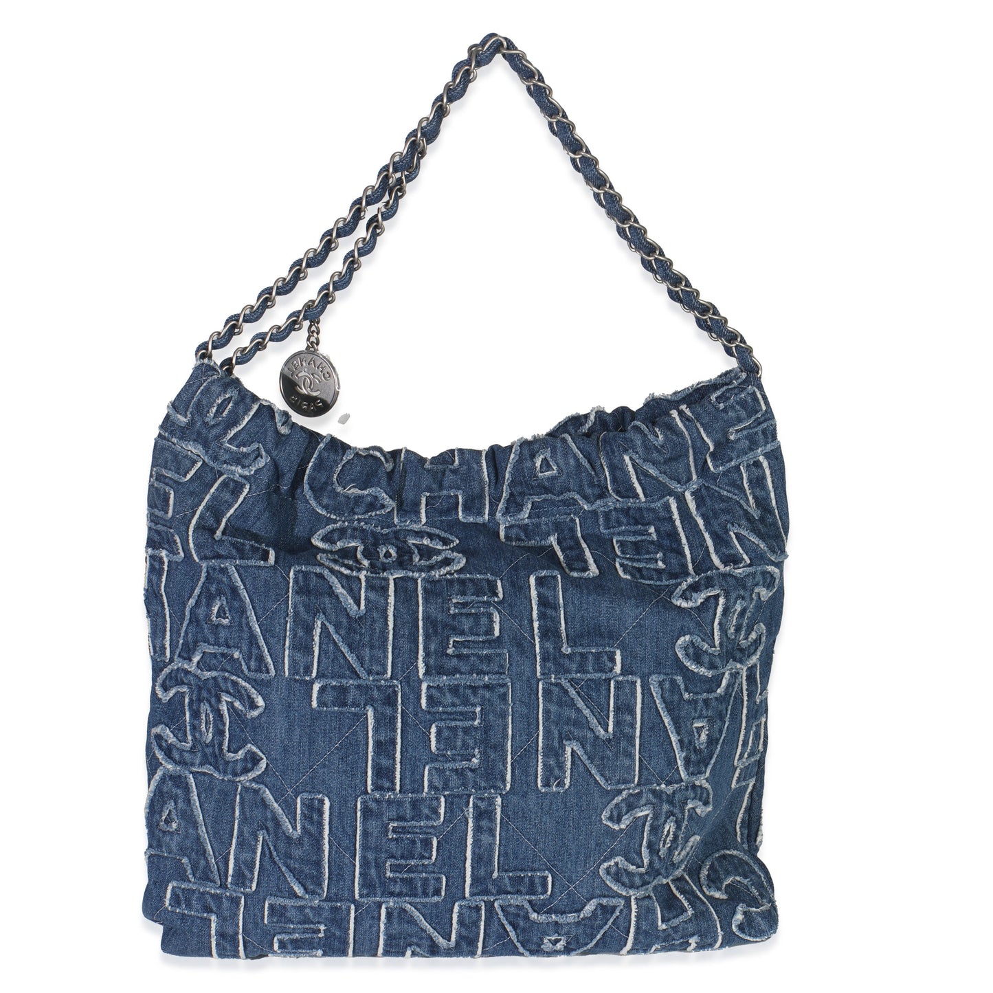 Chanel Blue Quilted Washed Denim Logo Embroidered Medium Chanel 22 Hobo