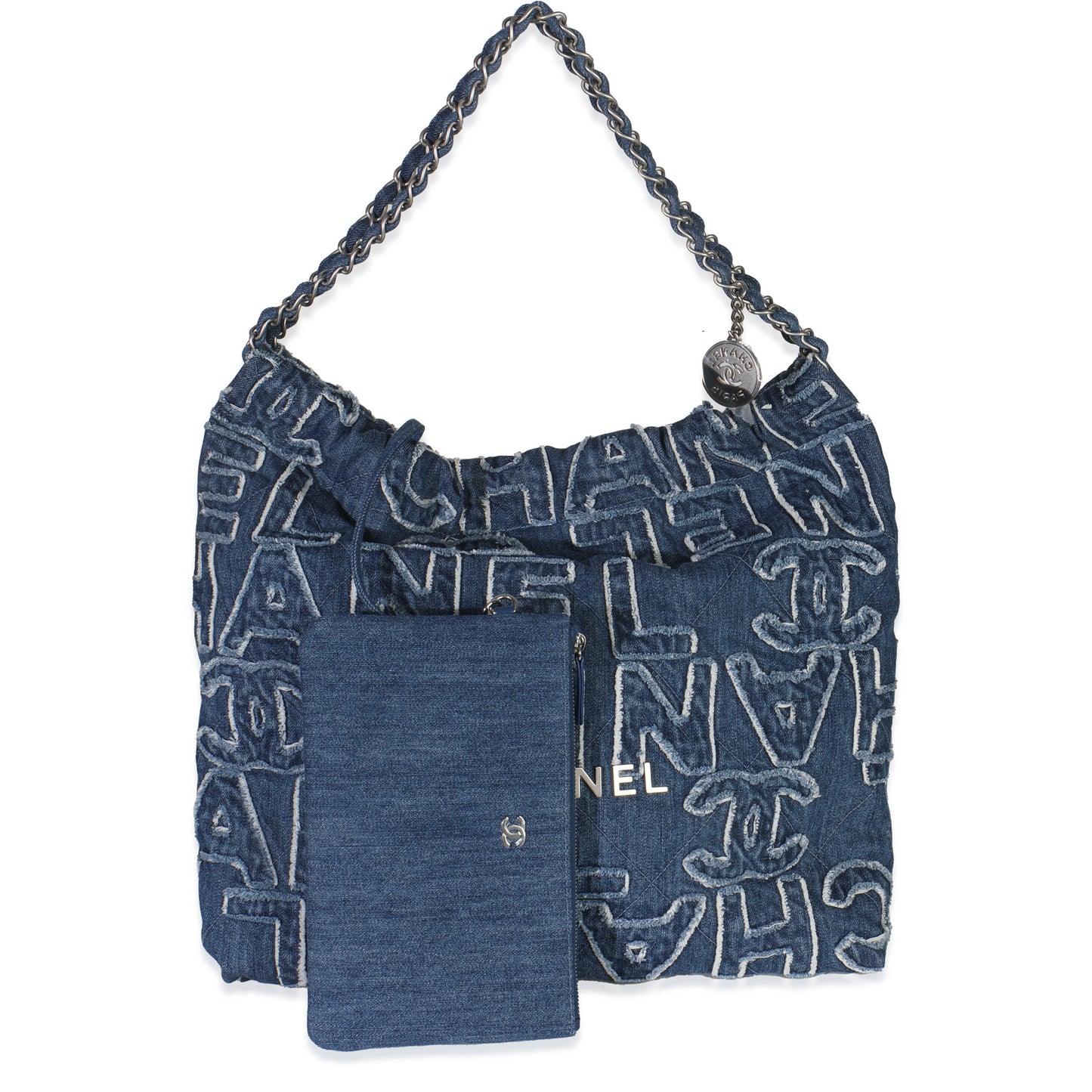 Chanel Blue Quilted Washed Denim Logo Embroidered Medium Chanel 22 Hobo