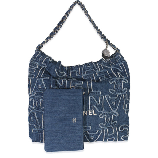 Chanel Blue Quilted Washed Denim Logo Embroidered Medium Chanel 22 Hobo