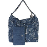 Chanel Blue Quilted Washed Denim Logo Embroidered Medium Chanel 22 Hobo
