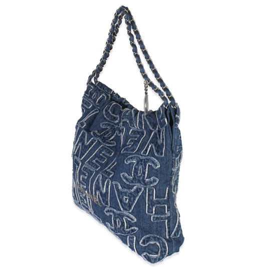 Chanel Blue Quilted Washed Denim Logo Embroidered Medium Chanel 22 Hobo