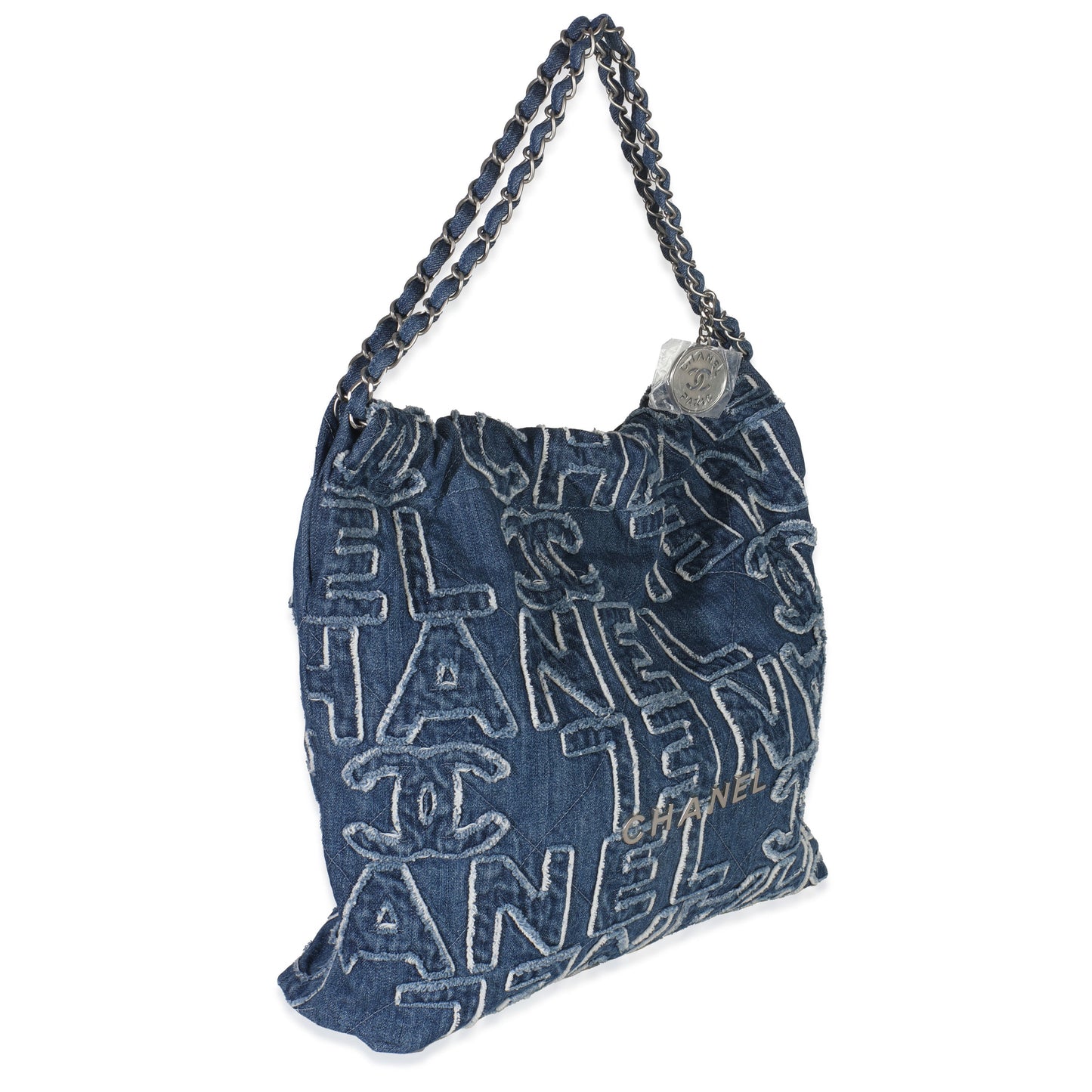 Chanel Blue Quilted Washed Denim Logo Embroidered Medium Chanel 22 Hobo